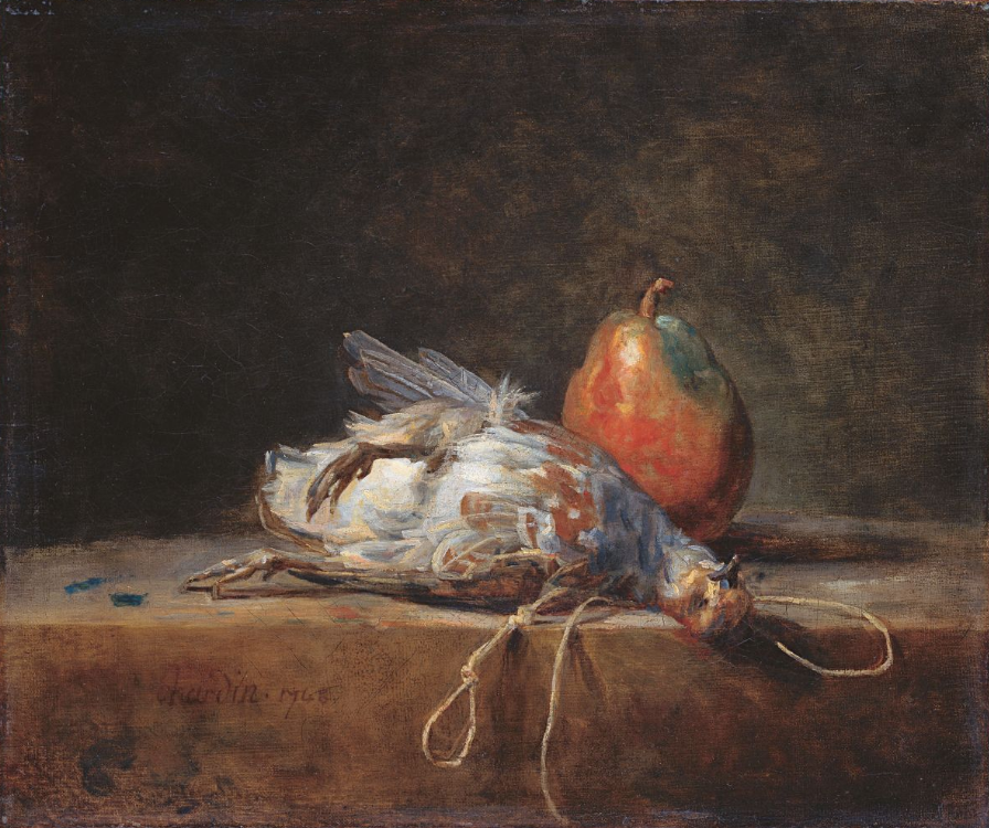 Gemälde "Stillleben mit Rebhuhn und Birne" von  Jean-Bapiste Siméon Chardin